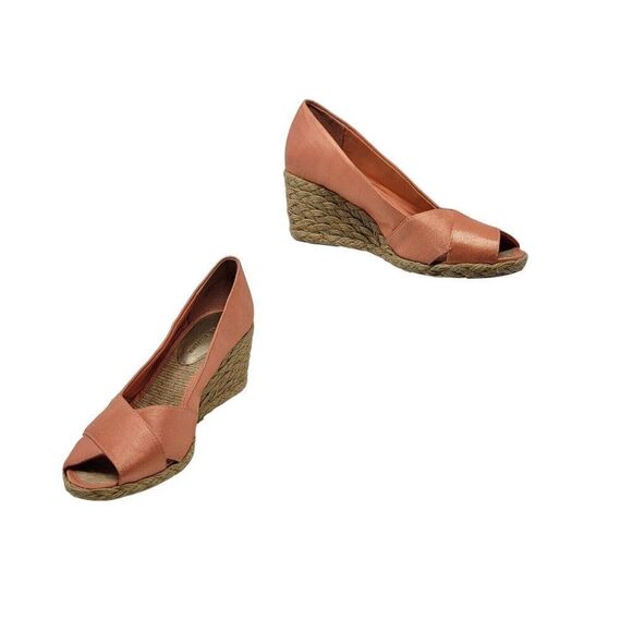 Adrienne Vittadini Bailee Satin Espadrille Wedge Heels 6 Peach Coral Peep Toe - Picture 12 of 12